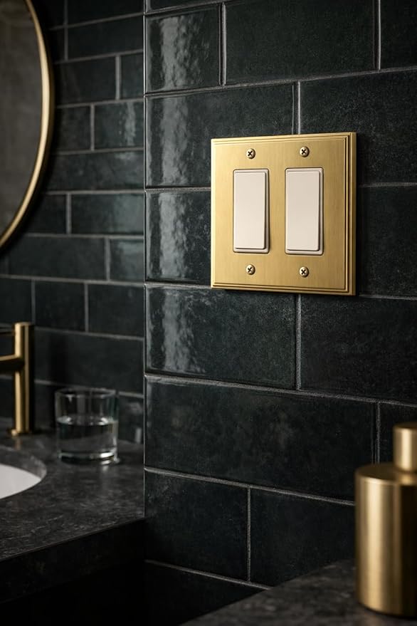 Rio Salto BRASS Brushed Gold Metal Double Rocker Decorator — Outlet Covers Light Switch Cover Switch Plate — Deco Collection Decorative Brass Wall Plates 5-Pack Standard Size 4.50" X 4.56"