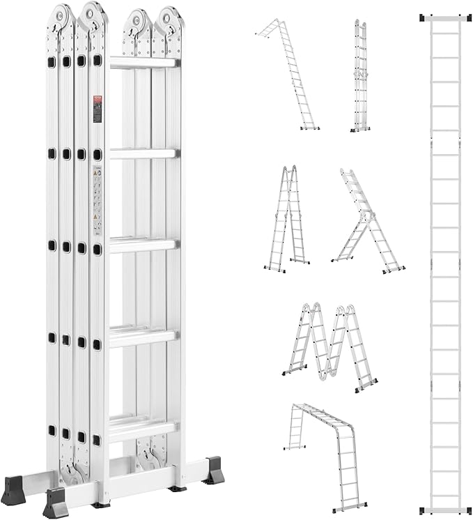 VEVOR Multi-Purpose Folding Ladder, 7-in-1 Tall Extension Step Ladder, A Frame 5 Step Telescoping Ladder, 19ft Reach Height Heavy Duty Adjustable Ladder, 330 lbs Capacity for Home Outdoor Metal
