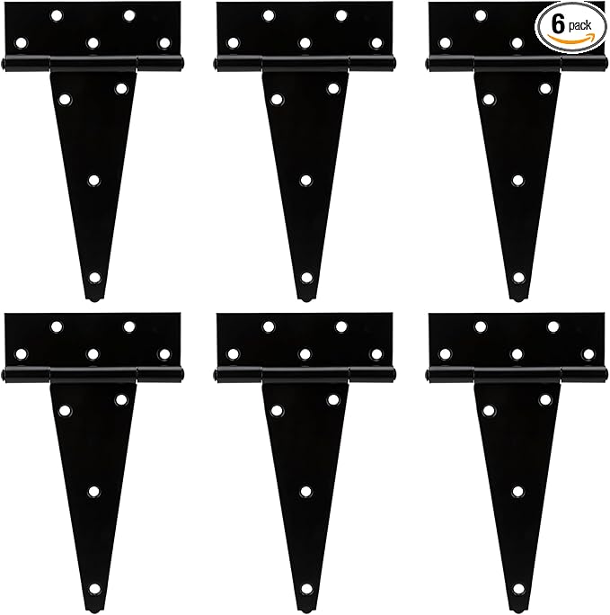 HILLMASTER 8 Inch T-Strap Heavy Duty Shed Door Hinges Gate Strap Hinges Black Tee Hinge Wrought Hardware for Wooden Fences,Yard,Barn Door,Rustproof (6 Pack)