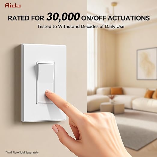 AIDA 4 Pack 3 Way Rocker Decora Light Switch, 15 Amp Self-grounding Electrical Light Switches, Residential Grade, UL Listed, Matte White