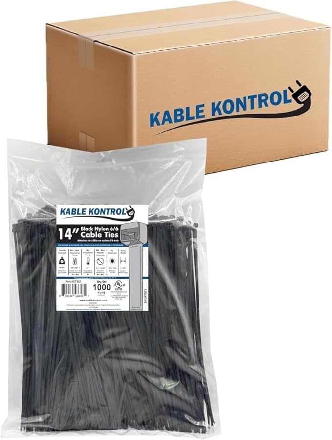 Kable Kontrol Cable Zip Ties, 14 Inch, 6000 Pcs, 50lbs Test, Black | Nylon Plastic, UV-Resistant, Self Locking, UL Listed, Indoor & Outdoor Use