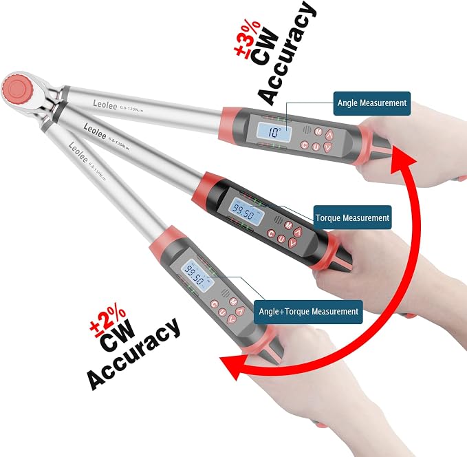 Leolee 3/8-Inch Drive Digital Torque Wrench with Angle, 5-99.5 Ft-Lb | 6.8-135Nm, ±2% Accuracy, Preset Value, Data Storage, Buzzer, LED Flash Notification, for Automotive, Motorcycle Engine Repair