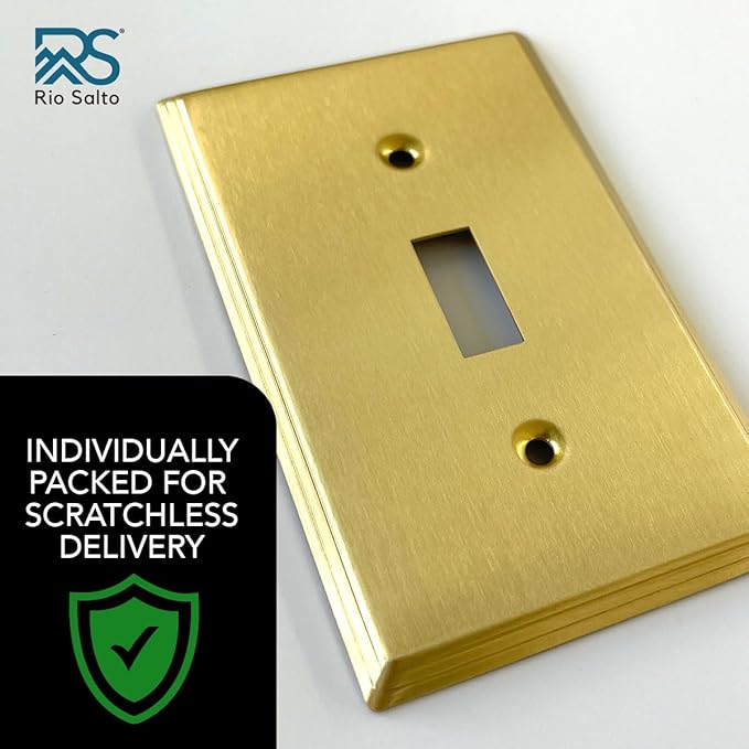 Rio Salto BRASS Deco Collection Gold 1-Gang Toggle Light Switch Plate 5 Pack Standard Size 4.5" x 2.75" Flip Switch, Brushed Brass Gold Decorative Wall Plate, Luxury Premium Metal Cover