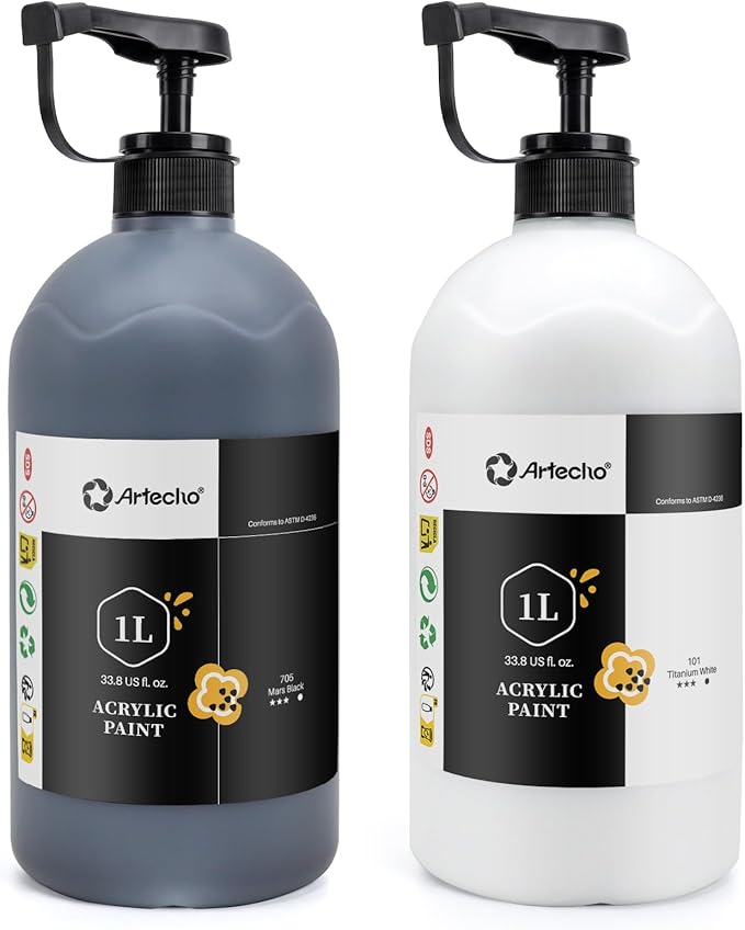 Artecho White and Black Acrylic Paint 1000ml (33.8 fl oz) with Pump Dispenser – High Pigment for Exceptional Coverage, Large Bottle Craft Paint for Canvas, Wood, Rocks, Fabric, Ceramic – Non-Toxic