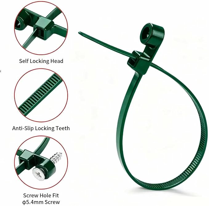 200 PCS 10 inch Green Zip Ties with Screw Hole 70lbs Mountable head Cable Ties Straps Multipurpose Heavy Duty Nylon Cable Zip Ties with Screw Mounting Hole