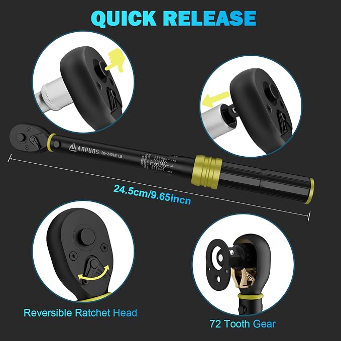 1/4 Inch Click Torque Wrench, 20-240 in.lb/2.3-27.1 Nm, Lightweight | Inch Pound, Small Mini Bike Tool, ±3% Accuracy, 72-Tooth Dual Direction, Dual Range for Carbon Fiber Bicycle, MTB Maintenance
