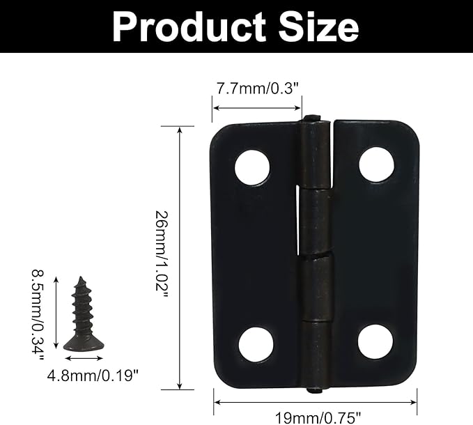 Murtenze 12Pcs Butt Hinge, 1" x 3/4" Metal Foldable Door Hinges with Screws for Cabinet Door Closet, Jewelry, Wooden Box (Black)