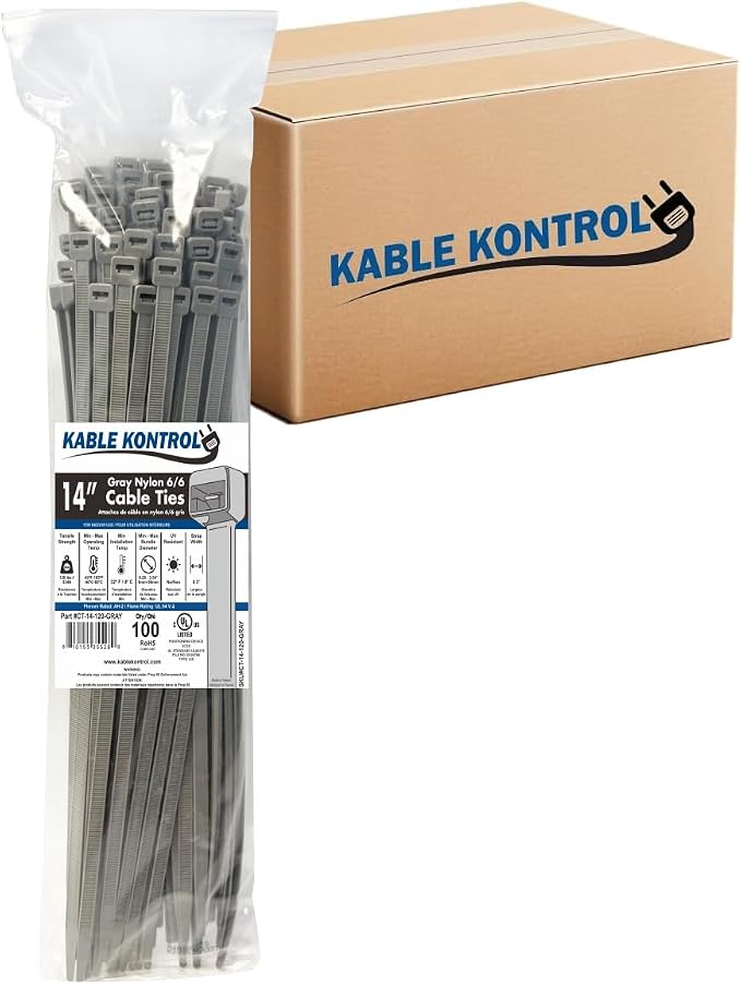 Kable Kontrol Cable Zip Ties, 14 Inch, 3500 Pcs, HD 120lbs Test, Gray | Nylon Plastic, Self Locking, UL Listed, Indoor Use