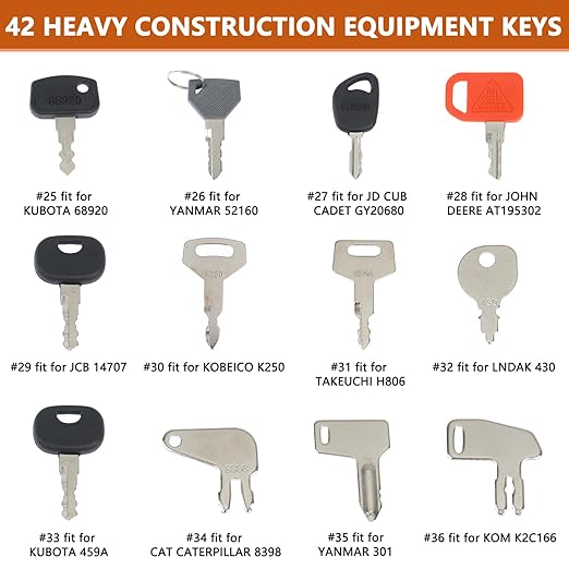 42 Heavy Construction Equipment Keys Set Compatible with CAT Caterpillar Bobcat JCB JD Case Kubota Volvo Komatsu John Deere Takeuchi Hyster Jlg Yanmar, Master Equipment Ignition Keys Set
