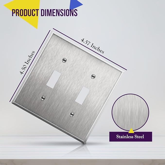 ENERLITES Toggle Light Switch Stainless Steel Wall Plate, Metal Plate Corrosive Resistant Cover for Rotary Dimmers Lights, Size 2-Gang 4.50" x 4.57", 7712, 430 Stainless Steel, UL Listed, Silver