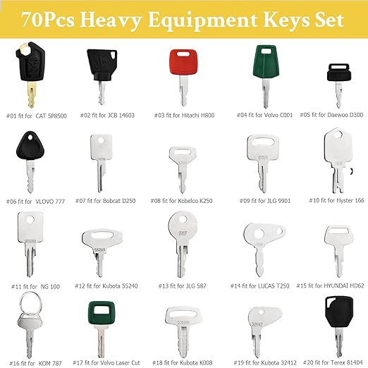 70 Heavy Equipment Keys Master Set, Machine Keys for Cat Caterpillar John Deere Komatsu Volvo Bobcat Kubota JCB Sany Terex Case Hyster Yanmar Takeuchi New Holland Construction Equipment Machinery