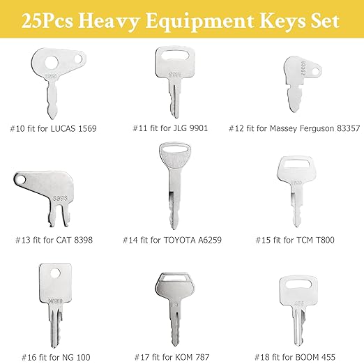 25 Heavy Equipment Keys, Master Key Set for Cat Caterpillar John Deere Case Bobcat JLG JCB Volvo Hyster Ford New Holland Yanmar Takeuchi Kubota Komatsu Construction Heavy Equipment Machine