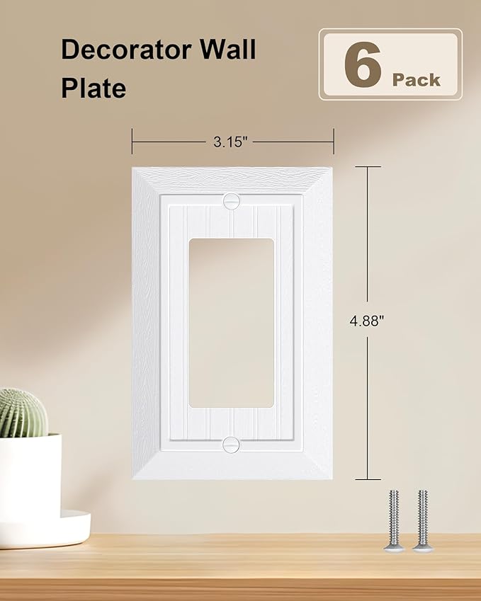 6-Pack Classic Beadboard Decorator Wall Plate Cover, Pure White Decorative Switch Plates and Outlet Covers, Durable Unbreakable Polycarbonate Wall Plates for Electrical Outlet, Receptacle, GFCI Outlet