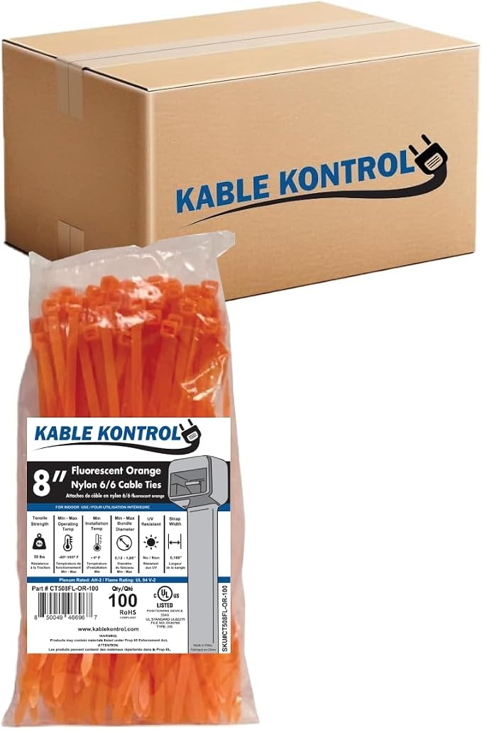 Kable Kontrol Cable Zip Ties, 8 Inch, 10000 Pcs, 50lbs Test, FL Orange | Nylon Plastic, Self Locking, UL Listed, Indoor Use