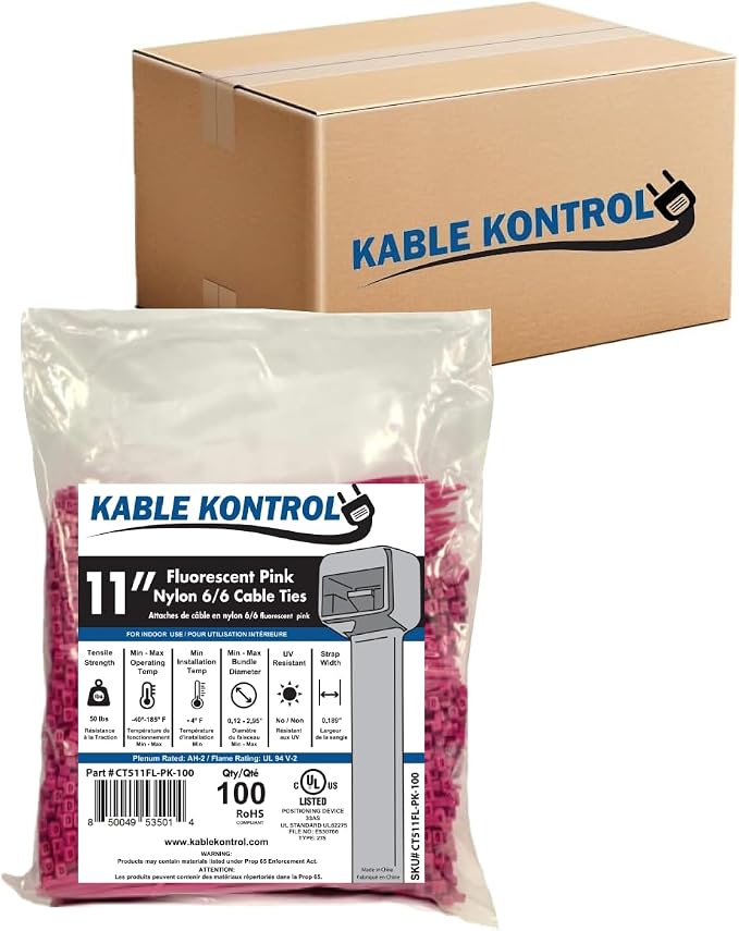 Kable Kontrol Cable Zip Ties, 11 Inch, 8500 Pcs, 50lbs Test, FL Pink | Nylon Plastic, Self Locking, UL Listed, Indoor Use