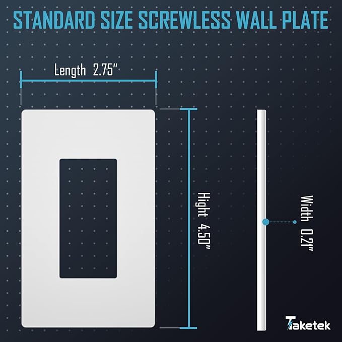TAKETEK Screwless Decorator Wall Plate, Child Safe Outlet Cover, 1-Gang White Switch Plate Covers, Unbreakable Polycarbonate Thermoplastic, Standard Size, Glossy, 10 Pack