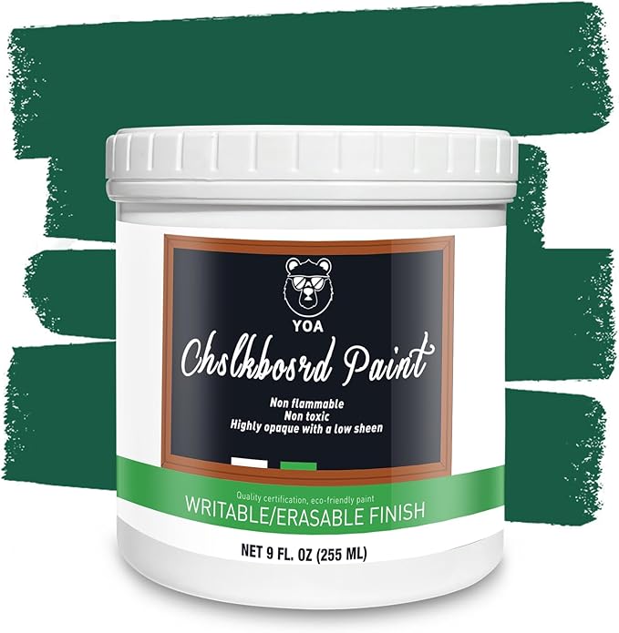 YOA Chalkboard paint, Green Matte, Acrylic Material, Non-toxic, 255g/9oz Cover 35 sp.ft, Suitable for Wood, Metal, Glass, Wall, Gypsum Board, Signs, Frames or any Surface, Interior/Exterior