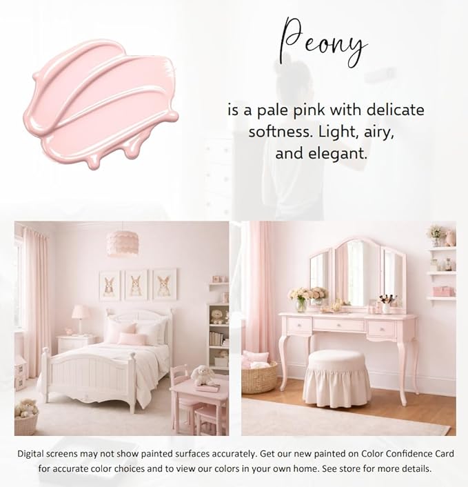 ALL-IN-ONE Paint by Heirloom Traditions, Peony (Pale Pink), Gallon - Durable cabinet and furniture paint. Built in primer and top coat, no sanding needed. Includes our 30 featured color card.