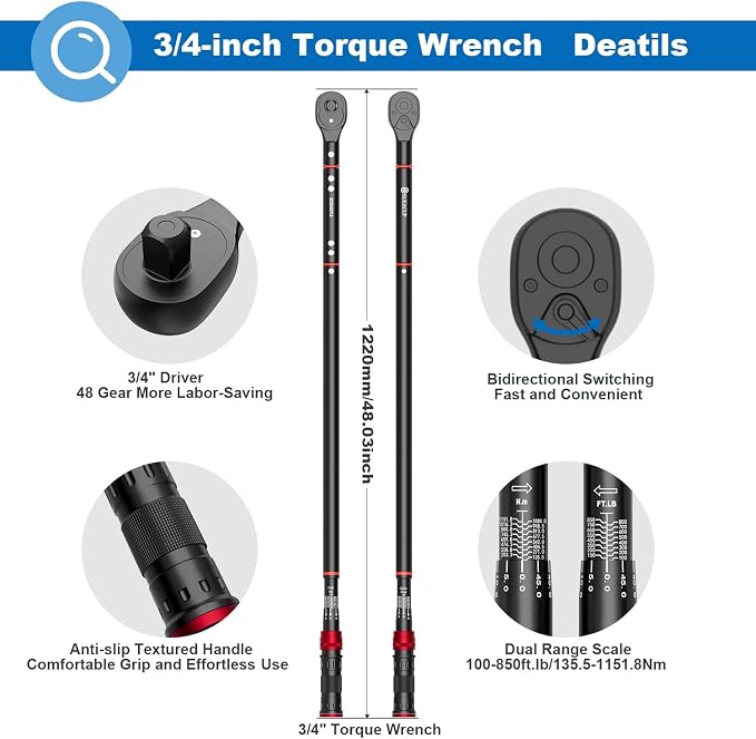 3/4-inch Drive Click Torque Wrench, 100-850ft.lb/135.5-1151.8Nm | ±3% Accuracy, Heavy Duty Torque Wrench, Professional, Dual Direction Adjustable, 48-Tooth, for Truck & Tractor Maintenance