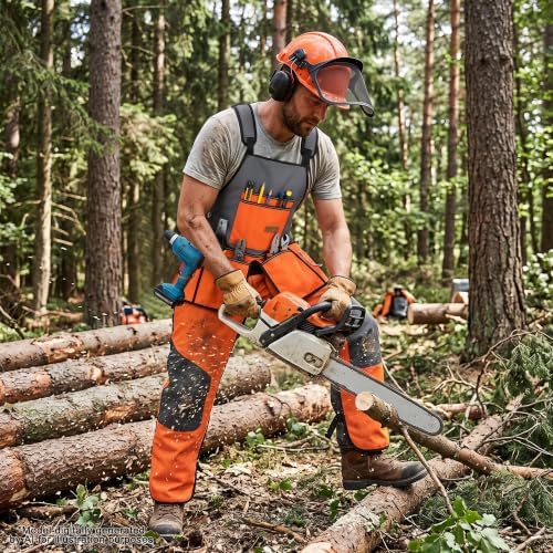 2-in-1 Chainsaw Protective Chaps and Apron Combo, Heavy Duty 900D Oxford Woodworking Tool Apron with 10 Pockets, Adjustable Safety Logger Chaps for Carpenter, Arborist, Gardening