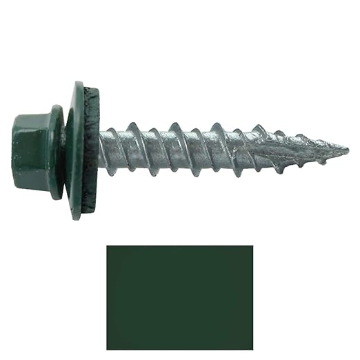 10 x 1 Ivy Green Metal Roofing Screws - Hex Washer Head- Self-Starting/Tapping - EPDM Washer. 1 Bag - 250 Screws