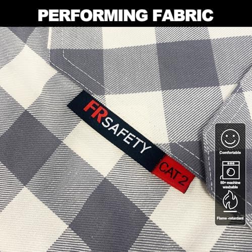 FR Shirts for Men 7oz Fire Resistant Shirts CAT2 Welding Shirt 100% Cotton Flame Resistant Shirt Grey/Plaid(Large)