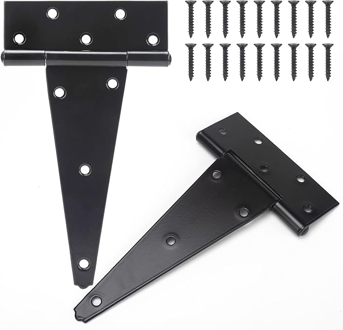 10 Inch T-Strap Shed Door Hinges Heavy Duty, Black Tee Hinge for Wooden Fences, Yard Door, Barn Door Gates, Wrought Hardware Rustproof, 2PCS