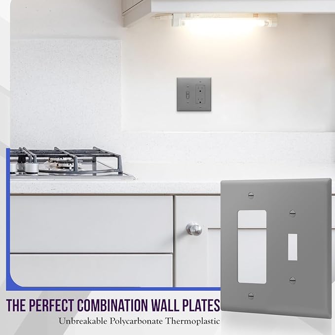 ENERLITES Combination Toggle Light Switch/Decorator Light Switch Plate, Double Switch Wall Plate, Mid-Size 2-Gang 4.88" x 4.92", Polycarbonate Thermoplastic, 881131M-GY, Gray
