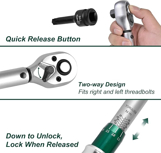 3/8" Drive 1Pc Click Torque Wrench Set, 7.38-44.25 ft.lb / 10-60 Nm | ±3% High Precision 72-Tooth Reversible Cr-V Tool for Auto, Motorcycle & Bicycle Repair with Storage Case