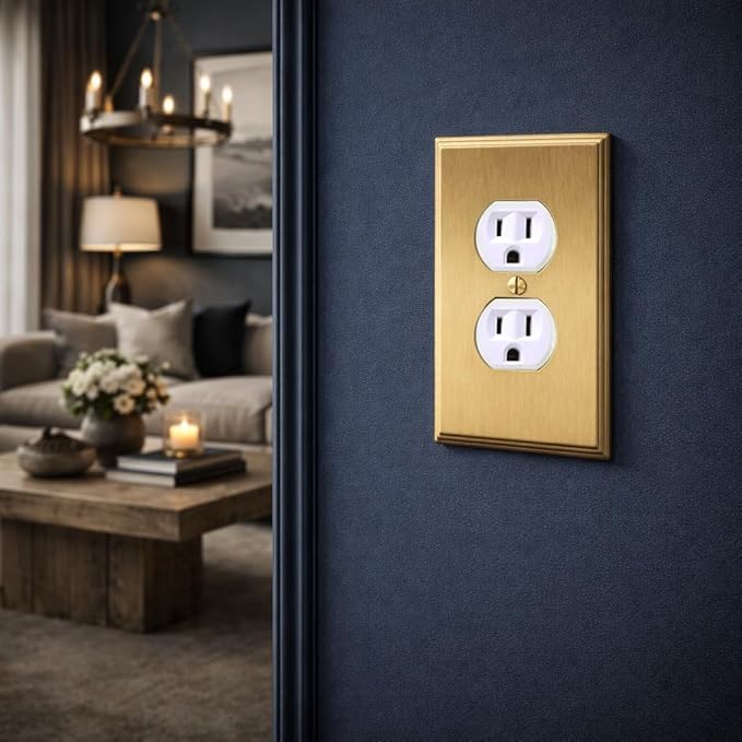 Rio Salto BRASS Gold Metal Outlet Cover or Decorative Light Switch Cover Wall Plate Single Duplex Receptacle Wallplate Covers 1 Gang 4.50" x 2.76" 5-Pack Standard Size Modern Metal Brushed Brass