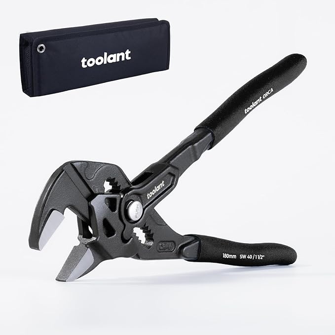 toolant 7-Inch Pliers Wrench – 10:1 Lever Ratio CR-V Steel, Smooth Parallel Jaws, Push-Button Quick Adjust, Zinc Phosphate Finish, with Belt Pouch – for Plumbing, Automotive & DIY