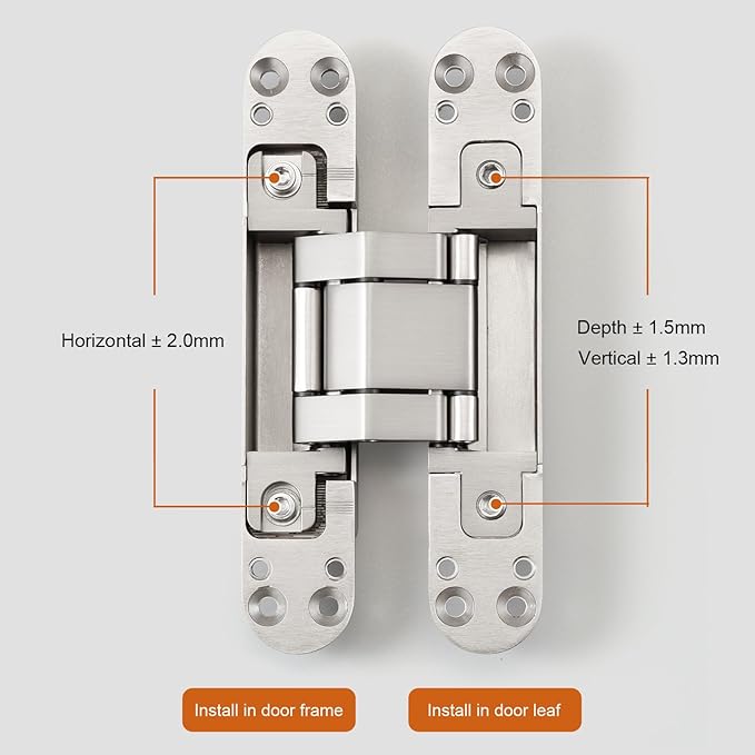 YAGU 6.5 inch 3 Way Adjustable Invisible Hinges Hidden Door Hinges Concealed Hinges Zinc Alloy 180 Degree Swing Hinge Butt Hinge 6.5 x 3.2 x 1.1 inch Matte Silver (1 Piece)