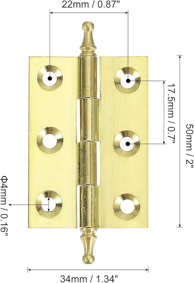 uxcell 2 Pcs Folding Butt Hinges, 2 Inch Brass Small Door Hinges Butt Cabinet Hinges Pointed Folding Craft Hinges with Screws for Door Wooden Boxes Windows Dressers, Gold Tone