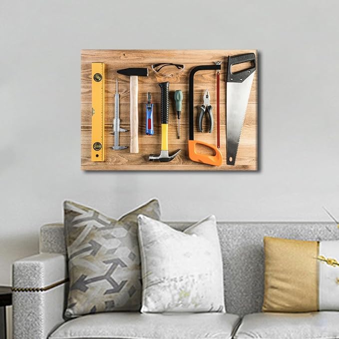 Assorted Work Tools on Wood Background Picture 1 Panels Canvas Wall Art Hammer and Ruler Poster Framed Artwork for Home Living Room Bedroom Wall Decor Ready to Hang (12" Wx18 H)