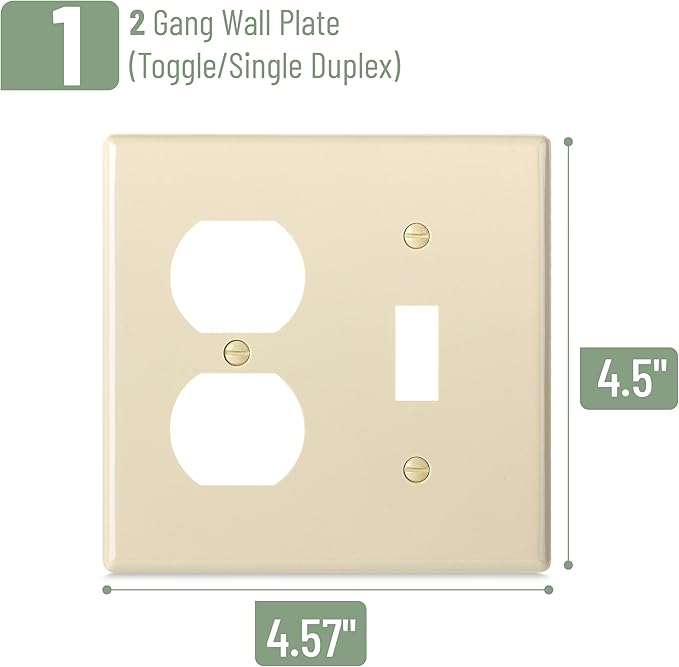 Bates- 2-Gang Combination Wall Plate, 4.5"x 4.57"/Standard Size, Ivory, Toggle Light Switch/Duplex Receptacle Outlet, 2 Gang Wall Plate for Electrical Outlets, Double Outlet Cover Plate