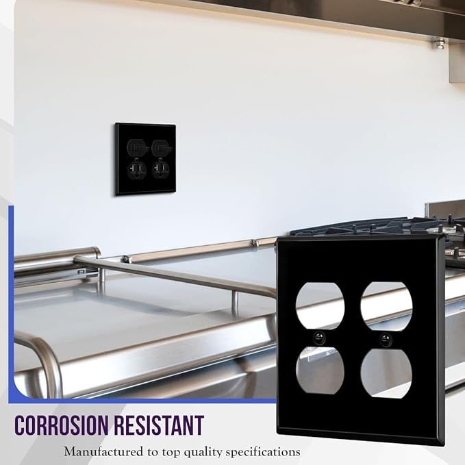 ENERLITES Duplex Receptacle Metal Wall Plate, Corrosion Resistant, Standard Size 2-Gang 4.50" x 4.57", Powder Coated Stamped Steel, 7722-BG, Black Gloss