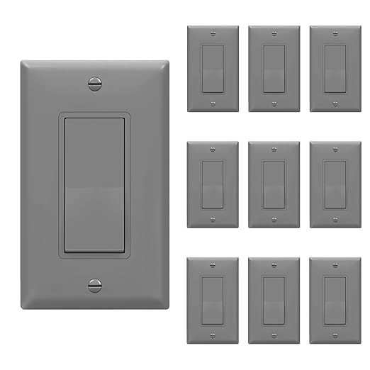 ENERLITES Decorator Paddle Switch with Wall Plates, Single Pole, Copper Wire Only, Grounding Screw, Residential Grade, 15A 120-277V, UL-Listed, 91150-GYWP-10PCS, Gray 10 Pack