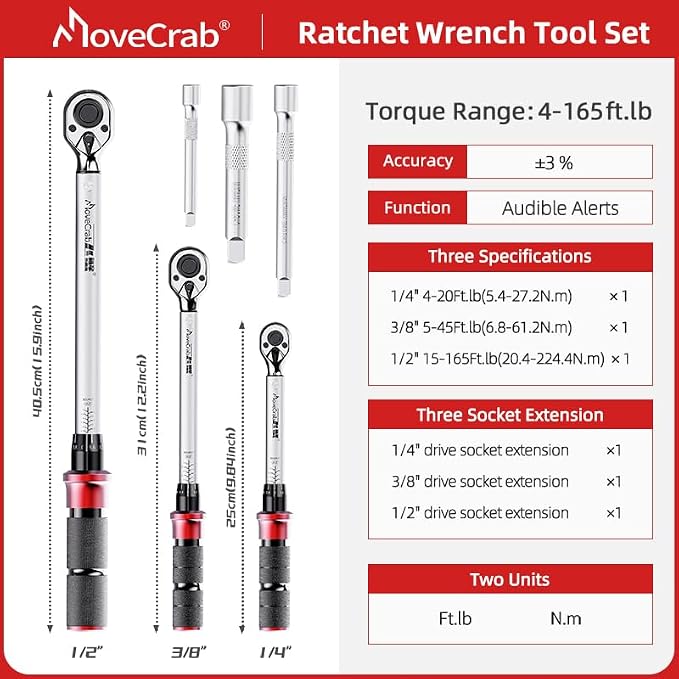 6-Piece Click Torque Wrench Set, 1/4", 3/8" & 1/2" Drive, ±3% | 4-20, 5-45, 15-165 Ft.lb Dual-Direction Torque Wrenches, 72-Tooth Ratchet with Extension Bars for Bicycle, Motorcycle & Auto