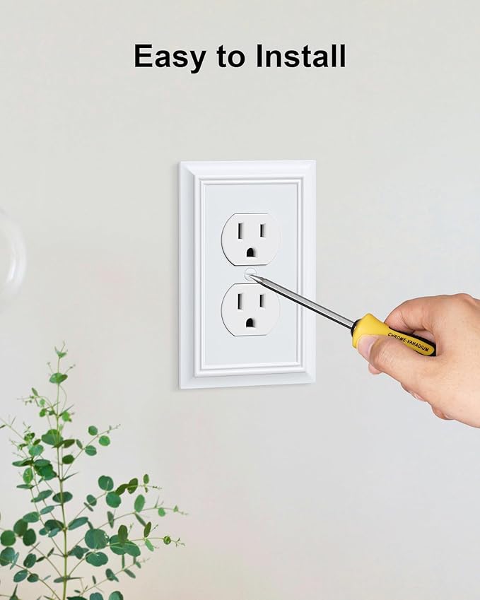 4-Pack Duplex Outlet Cover Plate, Decorative Pure White Switch Plates and Outlet Covers, Natural Bamboo Fiber Wall Plates for Electrical Outlets, 1 Gang Receptacle Cover, Corrosion Resistant