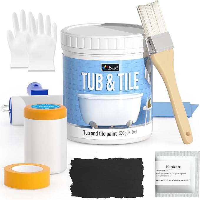 DWIL Tile Paint, Tub and Tile Refinishing Kit with Tools, Bathtub Paint Water Based &Low Odor, Easy to Use for Bathroom Kitchen, Semi-Gloss Black, 25-30sq.ft
