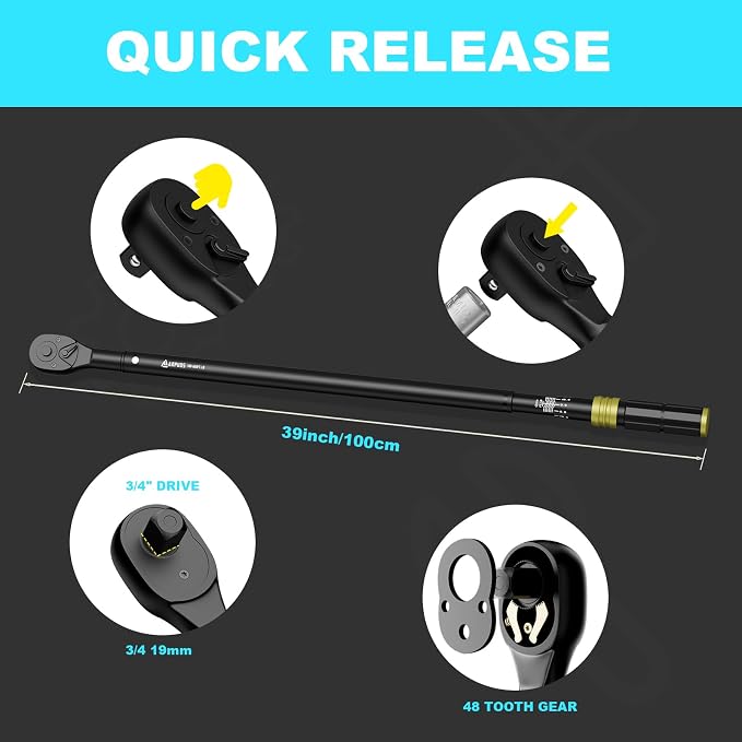 3/4" Click Torque Wrench, 100-650 Ft-Lb/135.5-880.8 Nm, Heavy Duty | ±3% Accuracy, Dual-Direction, 48-Tooth, Quick Release Reversible Head for Semi Truck, Tractor, Diesel Engine, Farm