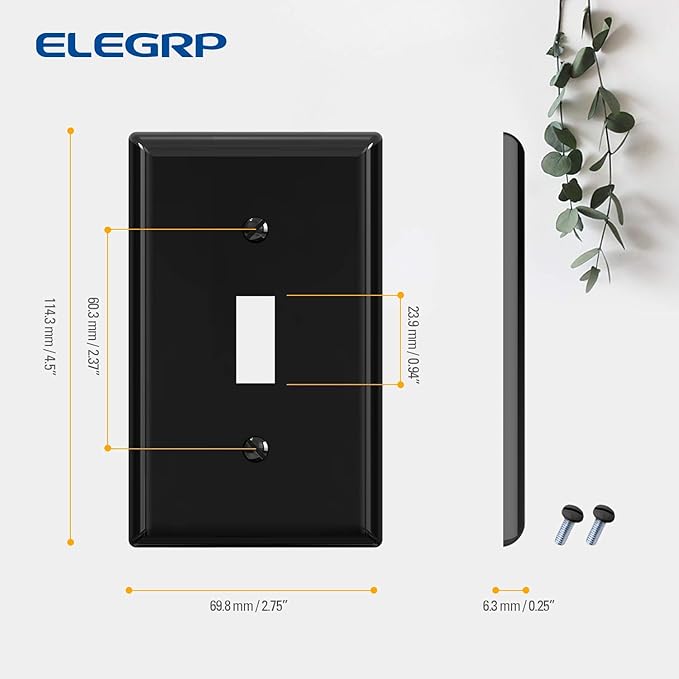 ELEGRP Toggle Light Switch Wall Plate, 1-Gang Standard Size Switch Covers, Unbreakable Polycarbonate Replacement Faceplates Covers, UL Listed, Color-matched Screws Included (10 Pack, Glossy Black)