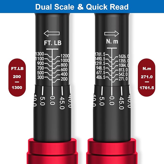 1-inch Drive Click Torque Wrench, 200-1300Ft-Lb/271-1761.5Nm | Heavy Duty, ±3% Accuracy Torque Wrench, Professional, Dual Direction Adjustable, 48-Tooth, for Wind Turbines, Truck Repair
