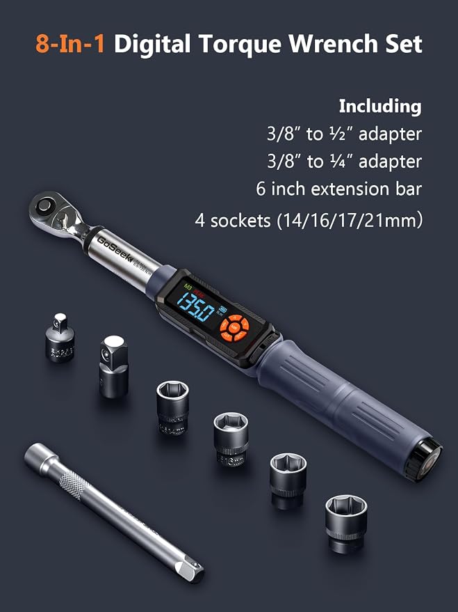 Goseek Upgraded Rechargeable Digital Torque Wrench, 5-99.6 Ft-lbs/6.8-135Nm, 3/8'' Drive Electric Torque Wrench Set with Buzzer & Colorful LED & Vibration for Car Motor Tire Repair