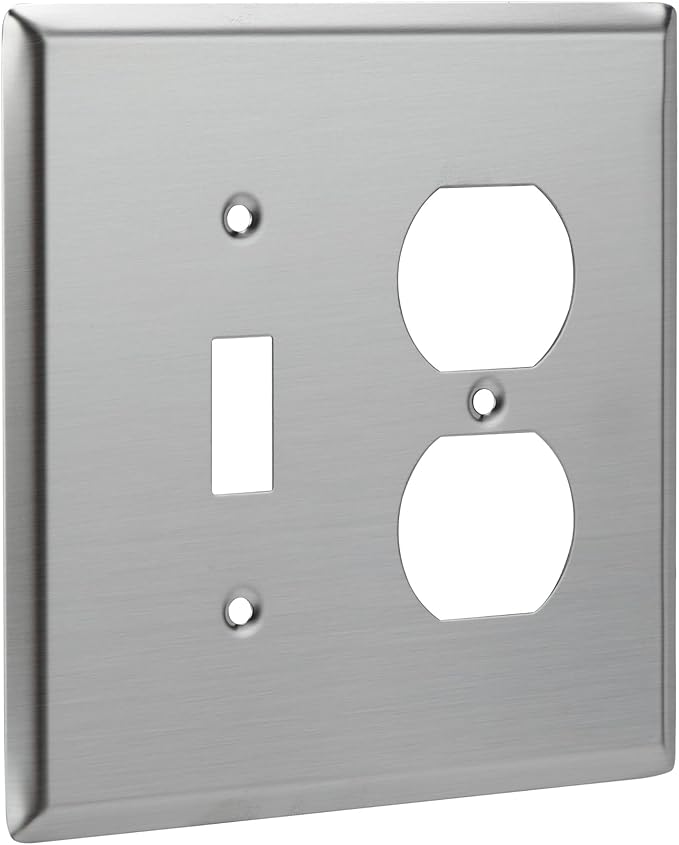 Bates- 2-Gang Combination Wall Plate, 4.88"x 4.92"/Mid-Size, Silver, Stainless Steel Toggle Light Switch/Duplex Receptacle Outlet, 2 Gang Wall Plate for Electrical Outlets, Double Outlet Cover Plate