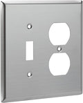 Bates- 2-Gang Combination Wall Plate, 4.88"x 4.92"/Mid-Size, Silver, Stainless Steel Toggle Light Switch/Duplex Receptacle Outlet, 2 Gang Wall Plate for Electrical Outlets, Double Outlet Cover Plate