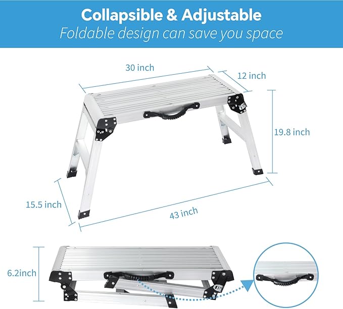 LEADALLWAY Aluminum Work Platform Step Ladder with Handle Heavy Duty Foldable Step Stool 330 Lbs Capacity Silver
