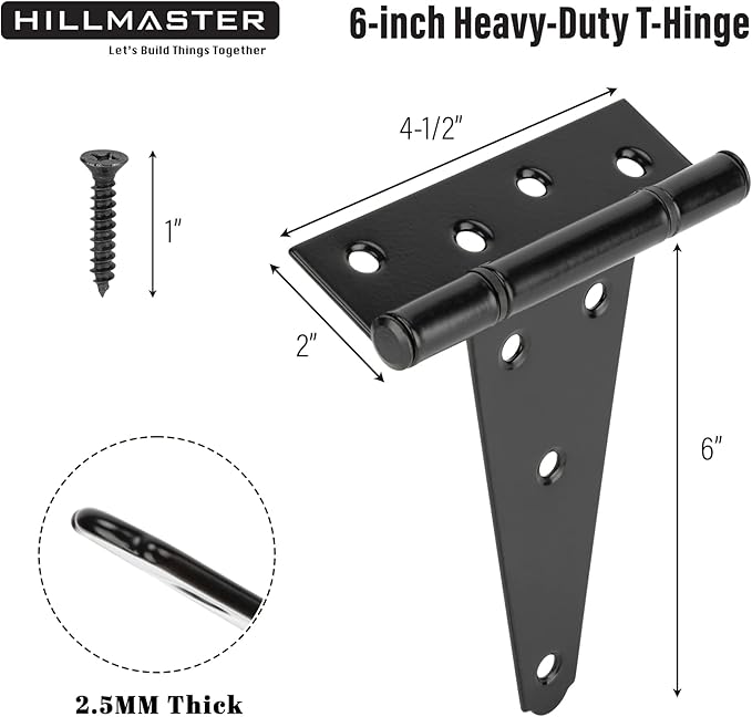 HILLMASTER 6 Inch T-Strap Heavy Duty Shed Door Hinges Gate Strap Hinges Black Tee Hinge Wrought Hardware for Wooden Fences,Yard,Barn Door,Rustproof(2 Pack)