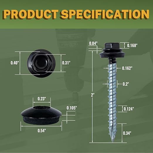 LIONMAX Metal Roofing Screws #10 × 2 Inch, 300-PCS, Black Painted Hex Head Sheet Metal Roof Screws, Rubber Washer, Sharp Point, Metal to Wood Siding Screws, Hex Socket Included