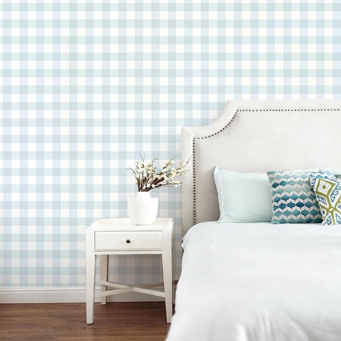 Plaid Wallpaper Peel and Stick, Blue, 17.7"x78.7" | Self Adhesive, Vinyl, Removable, Boho Contact Paper, Checkered Wall Paper for Bedroom, Living Room, Bathroom